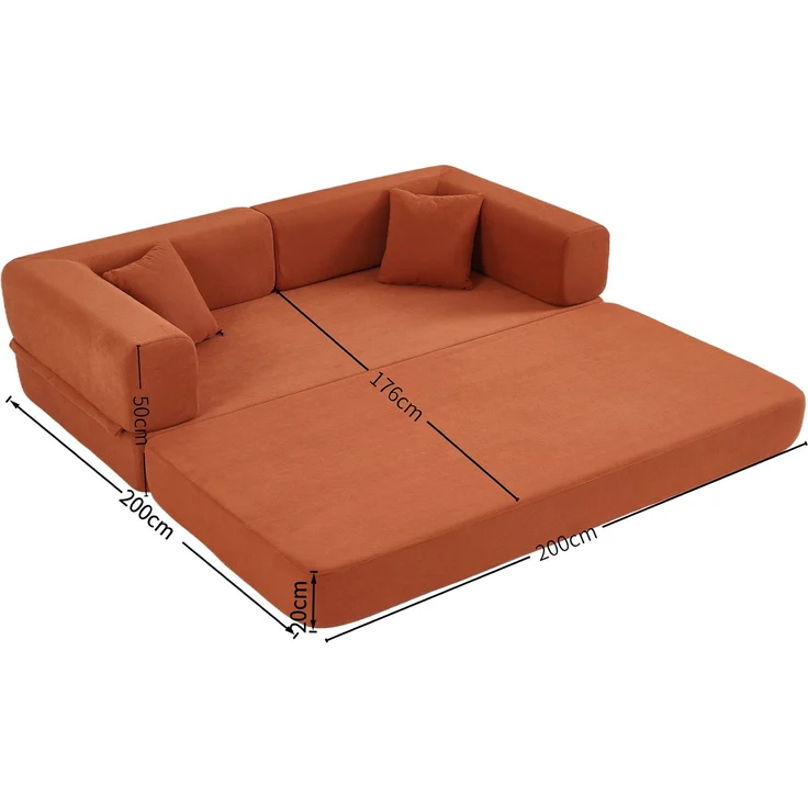 EINHOM Convertible Schlaf-er Sofa Bed mit Cylindrical Kissen, Corduroy Folding Mattress Sofa mit Fixed-Shape Frame, Floor Sofa Lounge Sofa für Wohnzimmer Schlafzimmer Lounge Studio (Orange Red) – Bild 2