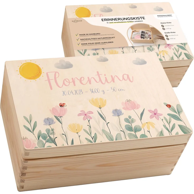 KIDSMOOD - Erinnerungsbox Baby, personalisierte Holzkiste mit Deckel, Ideal zur Aufbewahrung von Erinnerungen und als Geschenk zur Geburt, Taufe oder als Geburtstagsgeschenk für Mädchen und Jungen