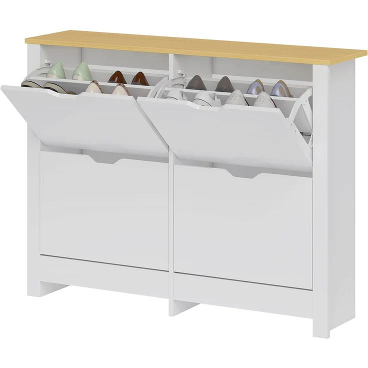 Schuhschrank Schmal mit 4 Klappfächern für 8–16 Paar Schuhe, 105 x 26 x 80 cm, Weiß+Natur--Weiß--80x26x105cm--YOUDENOVA – Bild 2