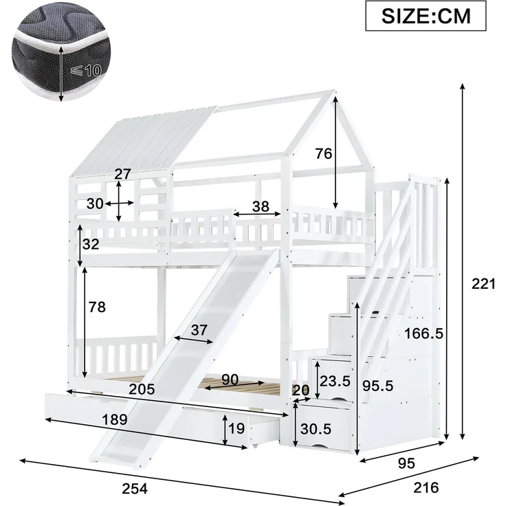 Etagenbett Hausbett 90x200 mit Treppe Stauraum Rutsche Schubladen Kinderbett Hochbett Spielbett Kiefernholz Weiß – Bild 8