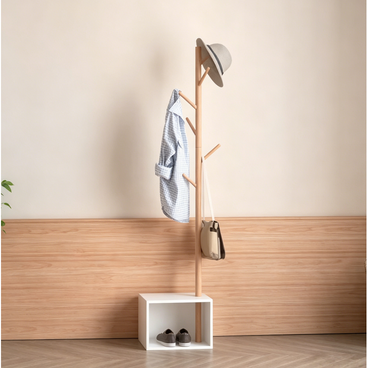 Garderobenständer 40 x 30 x 180 cm mit 6 Haken und Stauraum – MDF und massives Bambusholz – Bild 3