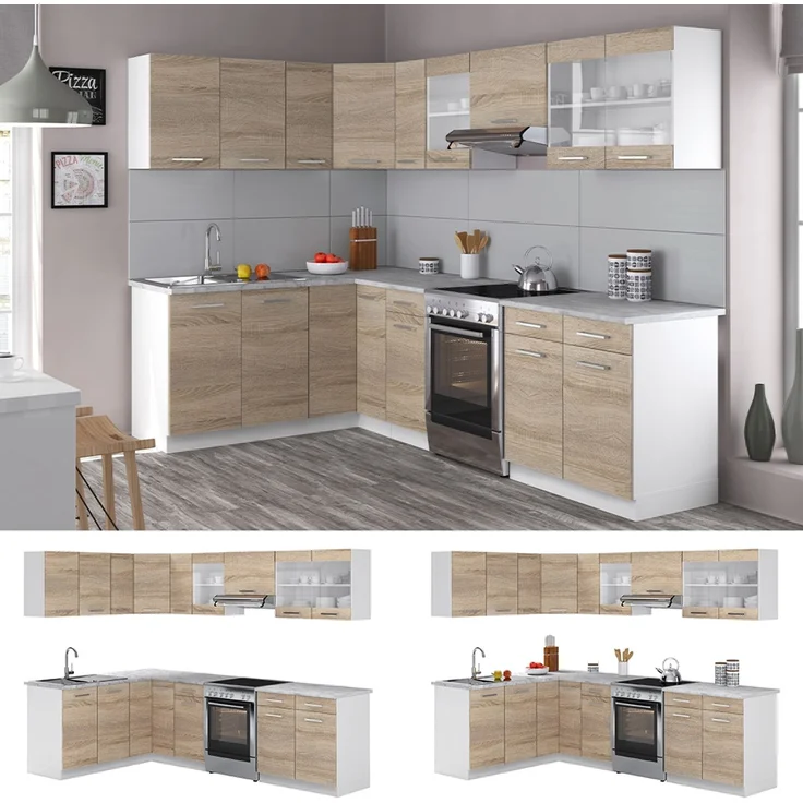 Eckküche R-Line Sonoma/Weiß 267 x 167 cm, AP Marmor mit LED-Leisten Vicco – Bild 2