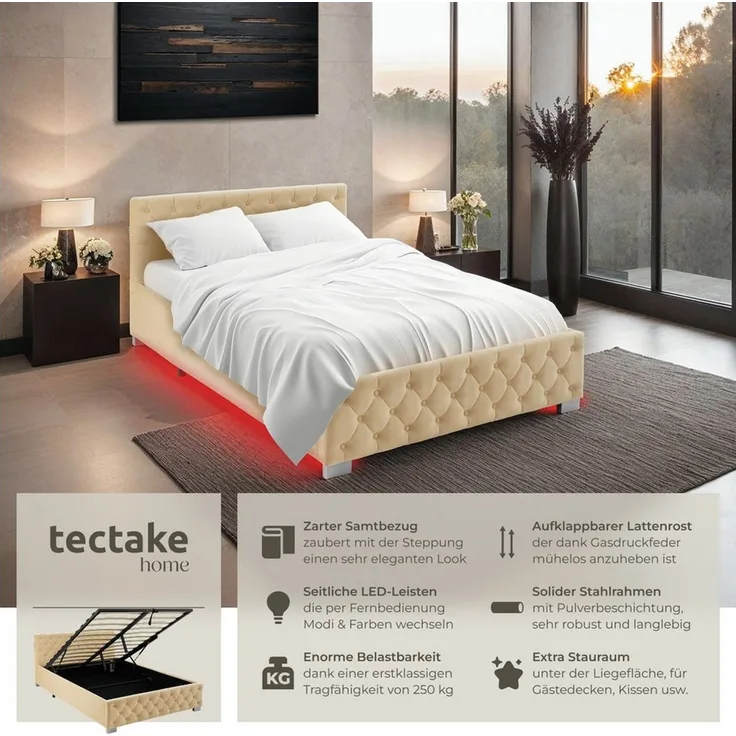 tectake Polsterbett Komfortbett mit LED-Leisten & Stauraum - Samtoptik mit Steppmuster (Bettset, in Beige), stabiler Stahlrahmen, Belastbarkeit 250 kg