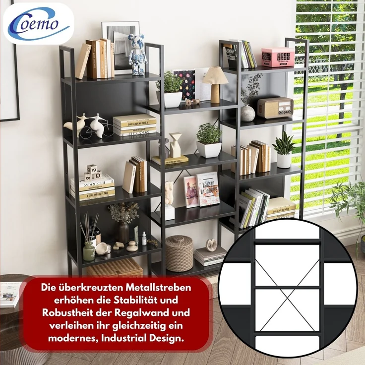 Coemo Regalwand Chicago aus Metall mit 9 Ebenen, 14 Ablageflächen Schwarz – Bild 5