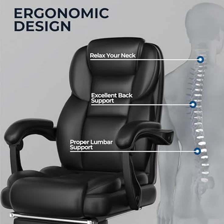 Yaheetech ergonomischer Bürostuhl Chefsessel mit Fußablage Fußstütze Schreibtischstuhl mit adaptiven Armlehnen Computerstuhl mit Hoher Rückenlehne höhenverstellbar für Büro Schwarz – Bild 5