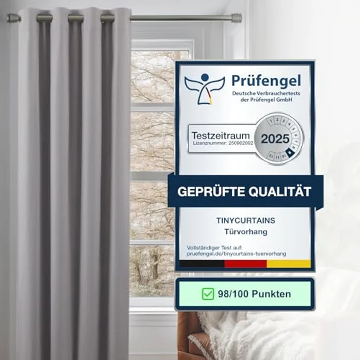 tinycurtains Türvorhang mit Stange silber 70-120 cm Thermo Vorhang ohne Bohren, mit Magneten, Ösen, abdunkelnd, Polyester, hellgrau Moonlight, Türgardine mit Klemmstange Raumtrenner verdunkelnd – Bild 5