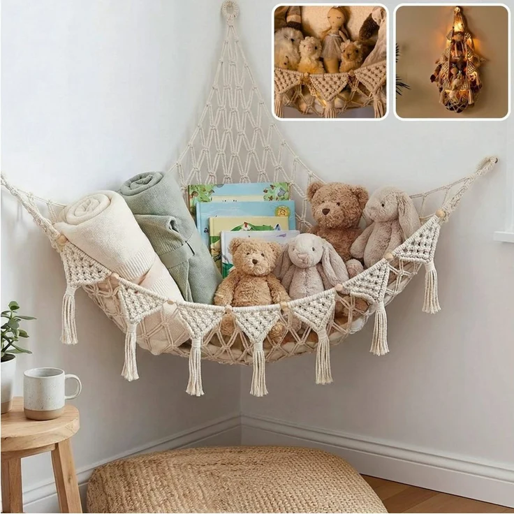 FOUORTUNATE-BEE Hängekorb Hängende Spielzeugaufbewahrung Netz für Kuscheltiere im Kinderzimmer, Boho Spielzeugnetz für Kuscheltiere, Ecken, Wände und Türen – Bild 1