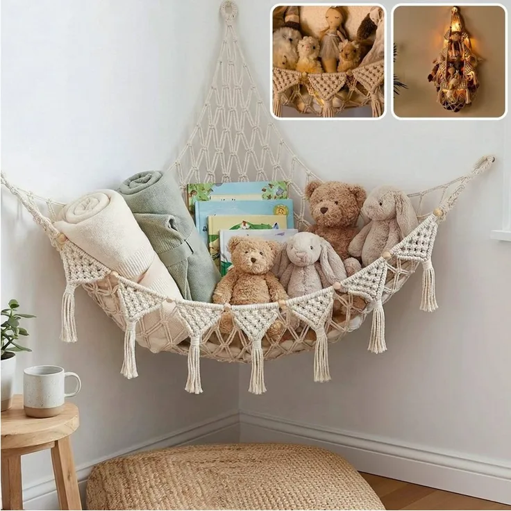 FOUORTUNATE-BEE Hängekorb Hängende Spielzeugaufbewahrung Netz für Kuscheltiere im Kinderzimmer, Boho Spielzeugnetz für Kuscheltiere, Ecken, Wände und Türen