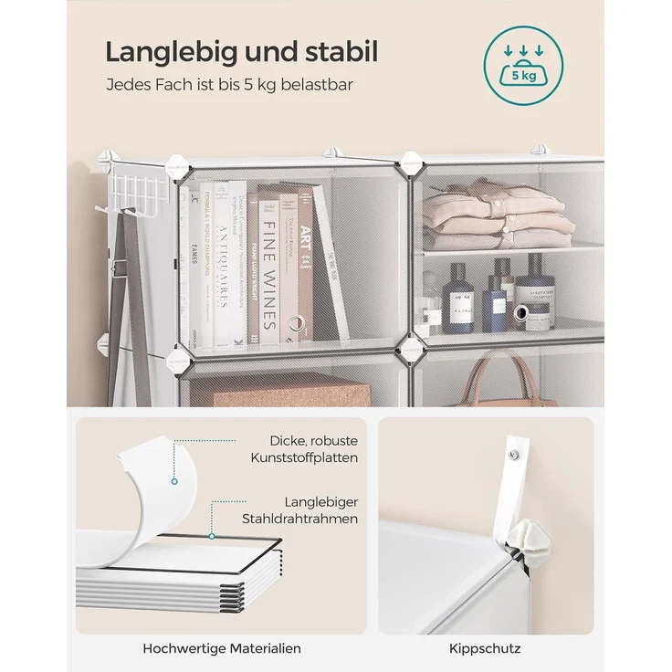 Songmics Schuhregal mit 12 Fächern, Schuhschrank, 30 x 40 x 30 cm pro Fach, schmal, mit Türen, Stahlrahmen, Kunststoff, für Flur, Schlafzimmer, Eingangsbereich, weiß – Bild 7