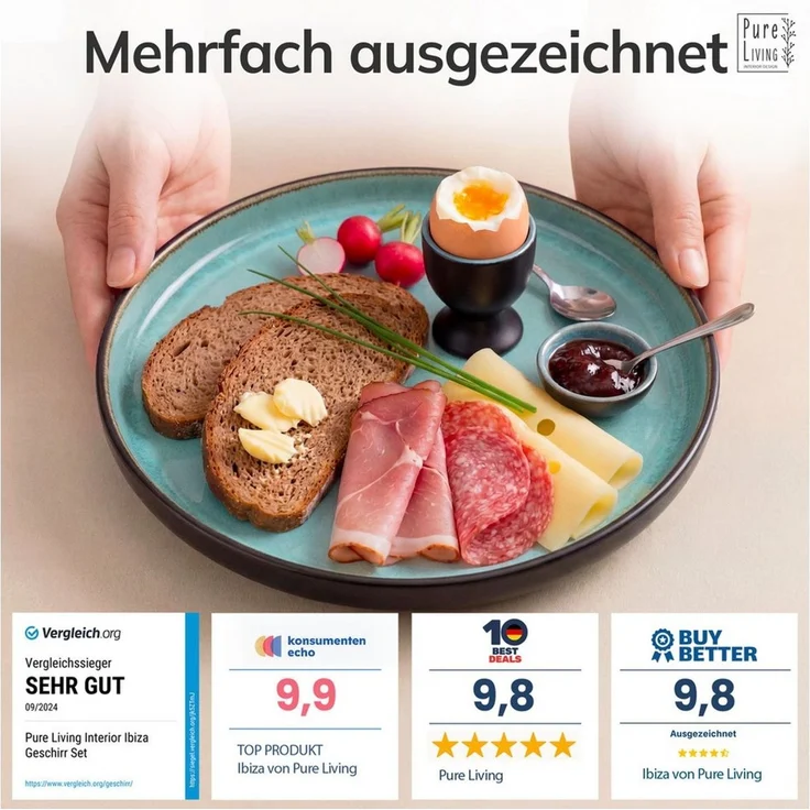 Steingut Frühstücksteller 6 Pers. Ibiza Hochwertiges Mediterranes TEST SEHR GUT Dessertteller Set - Kuchenteller spülmaschinen- und kratzfest - Kleine Teller, Salatteller Pure Living in Salbeigrün – Bild 3