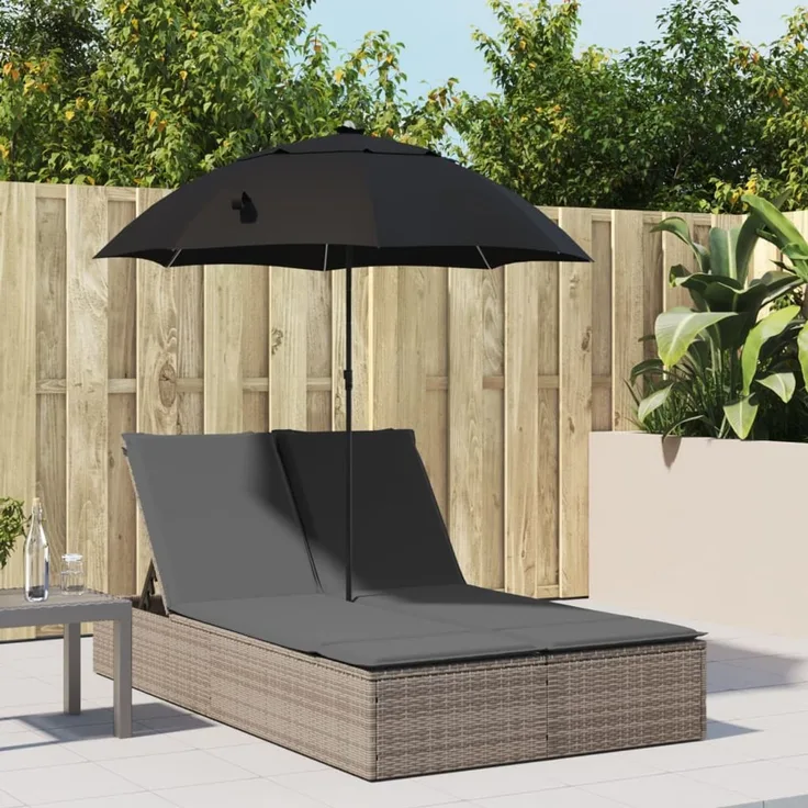 Doppel-Sonnenliege, Gartenliege mit Kissen & Sonnenschirm Grau Poly Rattan
