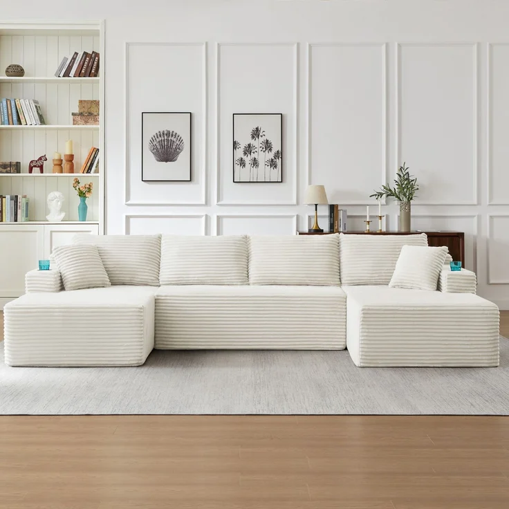 Vollständig komprimierbares, U-förmiges Modulsofa, Kombinationssofa aus breitem Cord mit Federkern-Sitzkissen, Getränkehaltern und seitlichen Stautaschen, keine Montage erforderlich, maximale Belastbarkeit 544 kg (1200 lbs) für das Wohnzimmer--Cremefar... – Bild 2