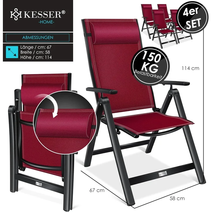 KESSER® Gartenstuhl Hochlehner mit Armlehnen | Aluminium Klappstuhl inkl. Kopfkissen Campingstuhl 7-Fach Verstellbar Rückenlehne | Atmungsaktiv & Wetterfest | Klappbar & Anti-Rutsch 4 Stück, Bordeaux Rot – Bild 2