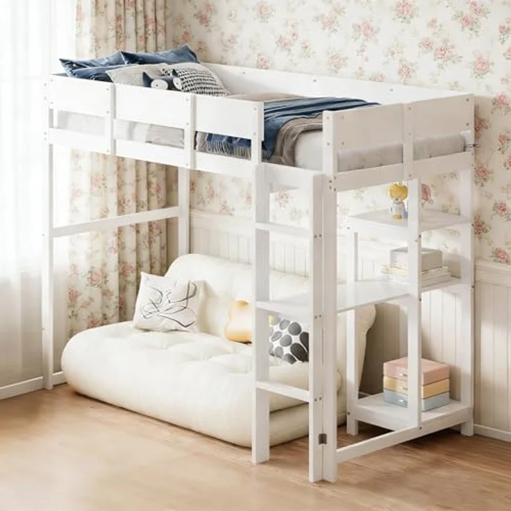 Ball & Cast Loft Bed (90x200 cm) mit Lagerregal, Holzerner Bettgestell mit Leiter und Geländer, Einfach und Zeitsparend Montierbar, Stabil & Rauschlos, Weiß – Bild 5