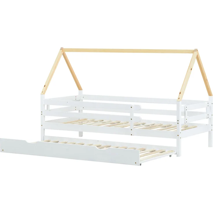 U-life Baumhausbett 90x200 cm, Kinderbett mit Ausziehbett 90x190 cm, Tagesbett und Einzelbett, mit vierseitigem Sicherheitsgeländer, Weiß & Natur – Bild 6