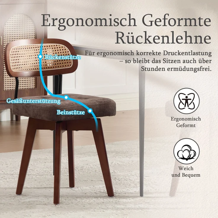 LVHOM 2er-Set Esszimmerstühle 360° Drehstuhl, Polsterstuhl in Rattan-Optik mit Chenille Kissen, stabiler Küchenstuhl mit Metallbeinen, Braun – Bild 6
