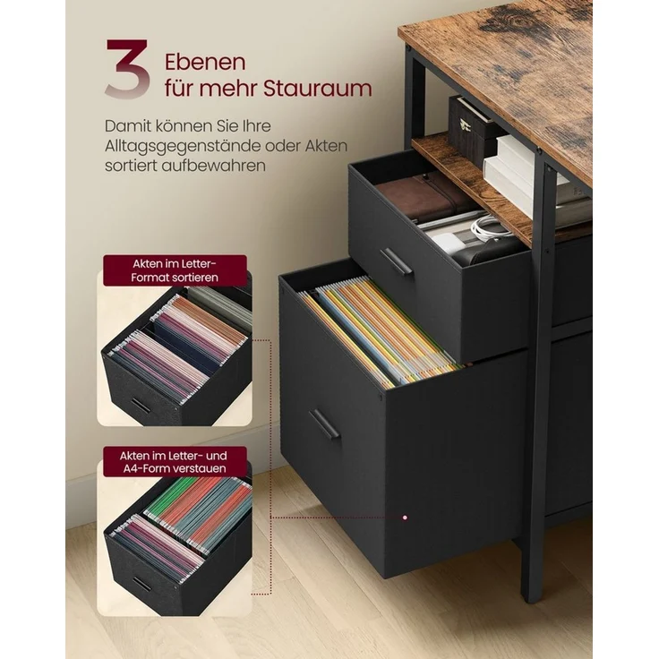 VASAGLE Computertisch, Bürotisch, Schreibtisch, mit 3 Ablagen, 2 Schubladen, 60 x 140 x 76 cm, fürs Büro, Wohnzimmer, Industrie-Stil, vintagebraun-schwarz – Bild 3