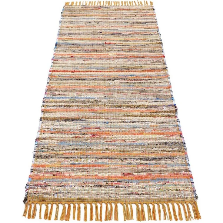 carpetfine 'Kelim Chindi' Teppich, Wendeteppich, rechteckig, Höhe: 6 mm, handgewebt, mit Fransen, Gelb, 80 x 300 cm – Bild 1