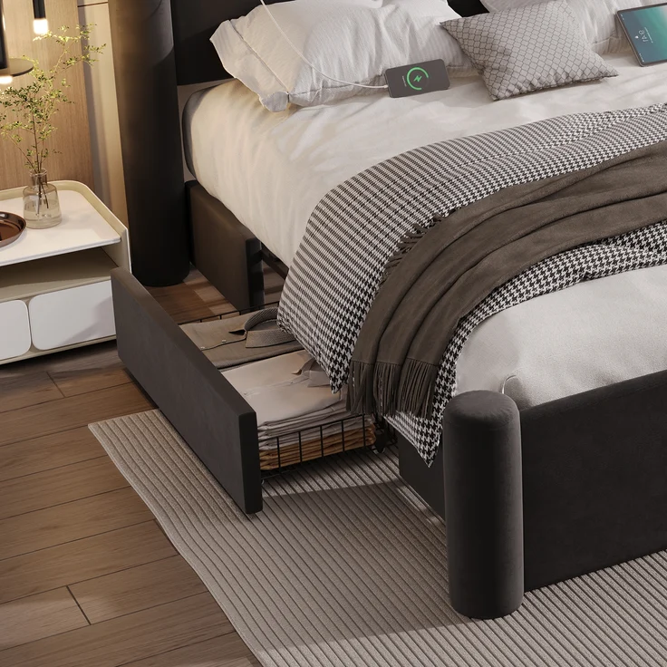LVHOM Polsterbett 140x200cm Bettgestell, Doppelbett/Stauraumbett/Funktionsbett, Samt, dick gepolstertem Kopfteil, 2 praktischen Stauraumschubladen, integrierten USB-Anschlüssen – Bild 7