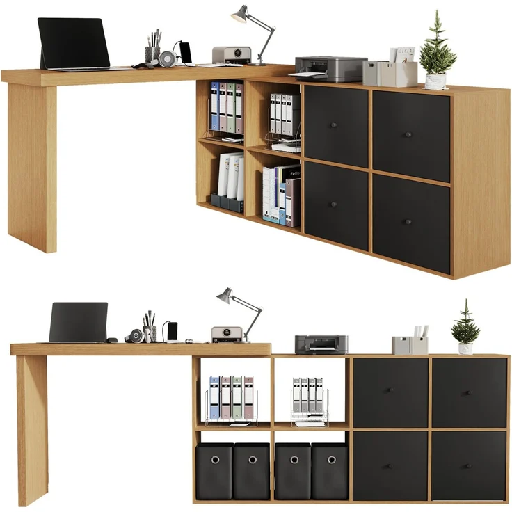 Schreibtisch aus MDF, 360° drehbar mit 8 Fächern, 120x48x78 cm, Schwarz/Eiche – Bild 3