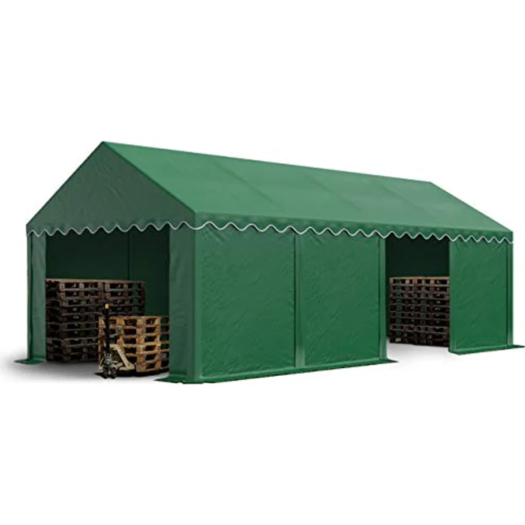 TOOLPORT Lagerzelt 4x8 m, Industriezelt aus 750 N PVC Plane, dunkelgrün mit Bodenrahmen und Dachverstärkung – Bild 1