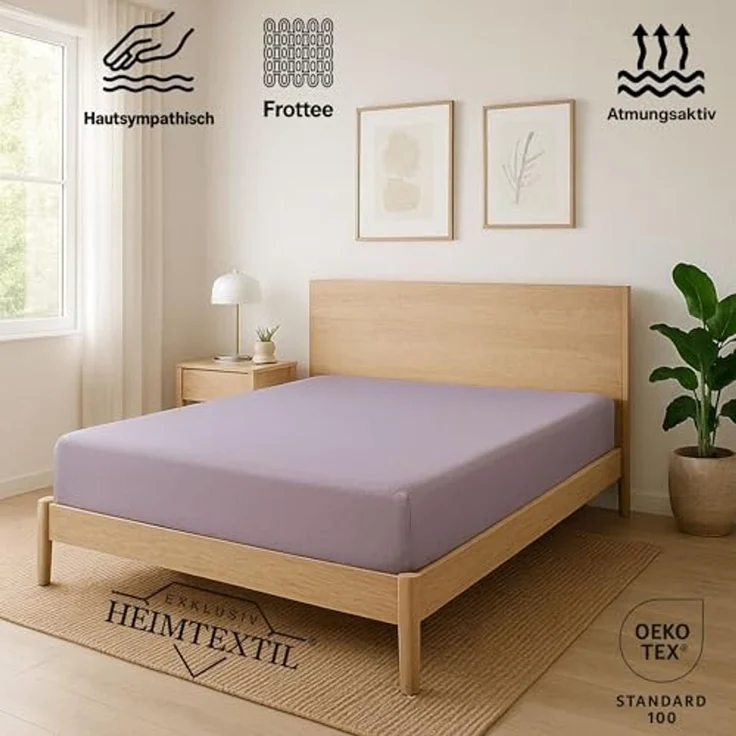 EXKLUSIV HEIMTEXTIL Frottee Spannbettlaken 200 x 220 cm Flieder 80% Baumwolle 20% Polyester Öko - Tex Zertifiziert Bed-Sheet Bettlaken Spannbetttuch Topper Leinentuch – Bild 2