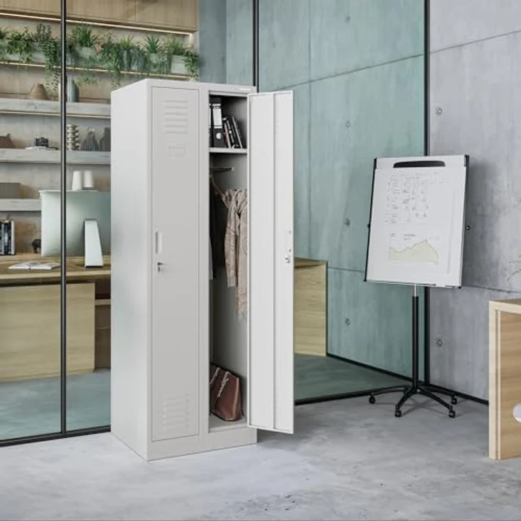 Jan Nowak Spind Schrank, Kleiderschrank, Metallschrank, Schließfachschrank | 2 Abteile mit Kleiderstange, Lüftungsschlitze, Trennwände, 4 Kleiderhaken pro Abteil | 180 x 60 x 50 cm, Grau – Bild 12
