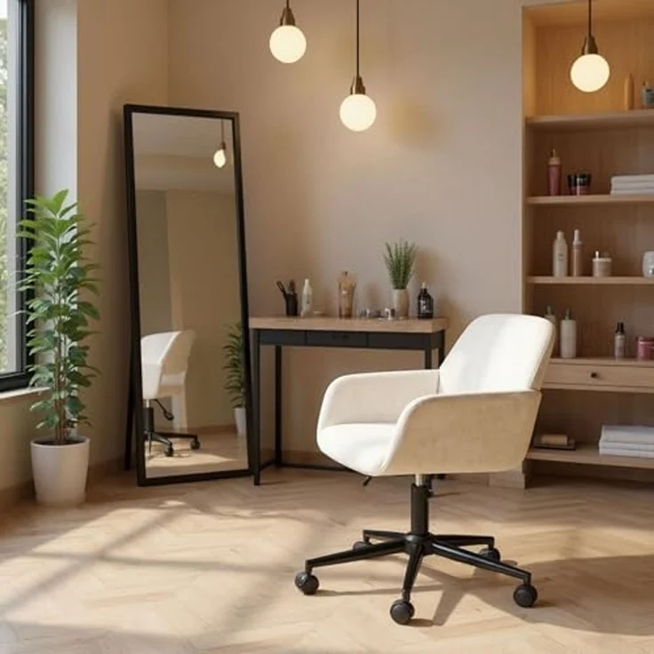 FurnitureR Beige Friseurstuhl, Modernes Design, Chenille Material, Höhenverstellbar, Ergonomisch, Mit Rollen, Platzsparend – Bild 1