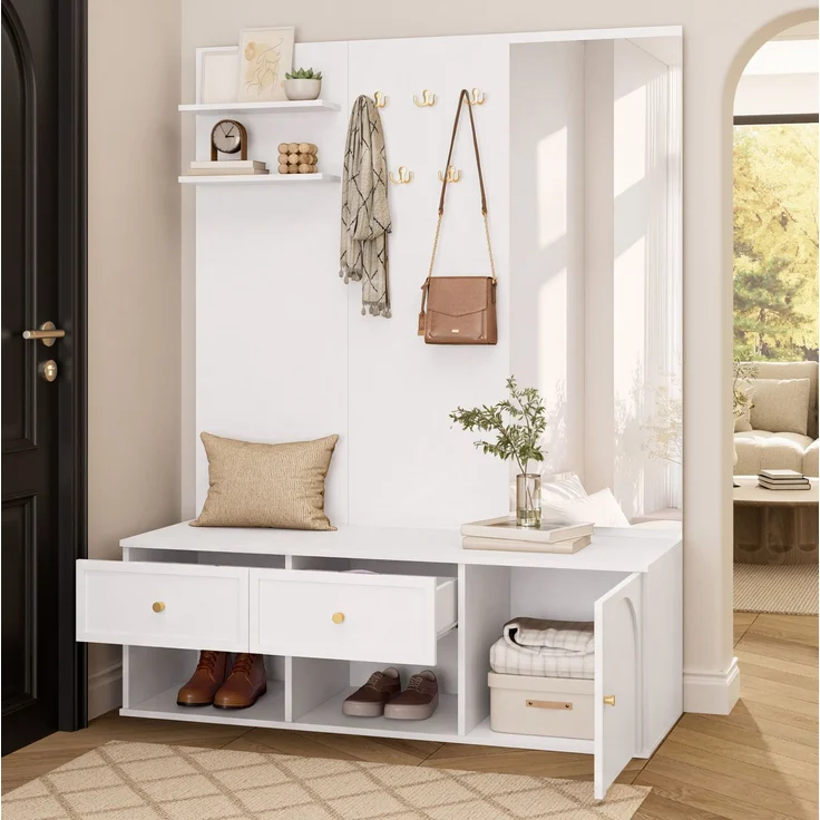 Garderobenset 120 x 35 x 159 cm in Weiß mit Spiegel, 5 Haken, Schubladen und Ablagefächern – Bild 3