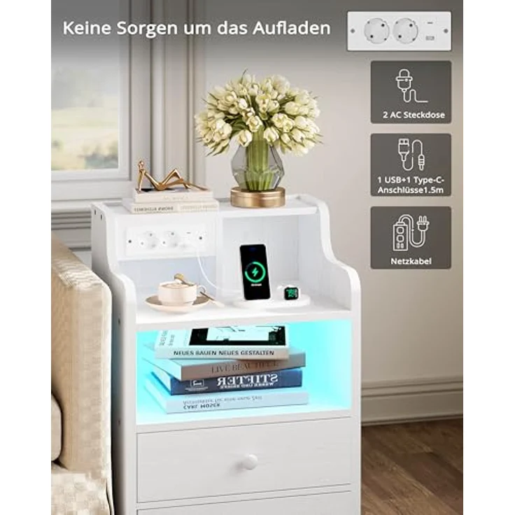 IRONCK Nachttisch LED mit Steckdose und Ladefunktion, Beistelltisch Holz, Nachtschrank mit 2 AC, 1 USB& 1 Type-C Anschlüsse, Sofatisch mit 2 Schubladen, Nachtkästchen Wohnzimmer,Schlafzimmer, Weiß – Bild 7
