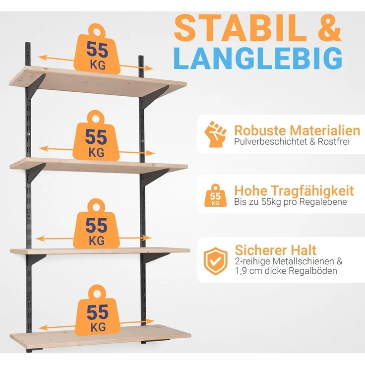BOOMET Wandregal Metall Regal mit Fichtenböden · Regalsystem in 50 Größen ·, 80 15-tlg, Bausatz · Wandschienen Regalsystem · Regalträger Schienensystem – Bild 3