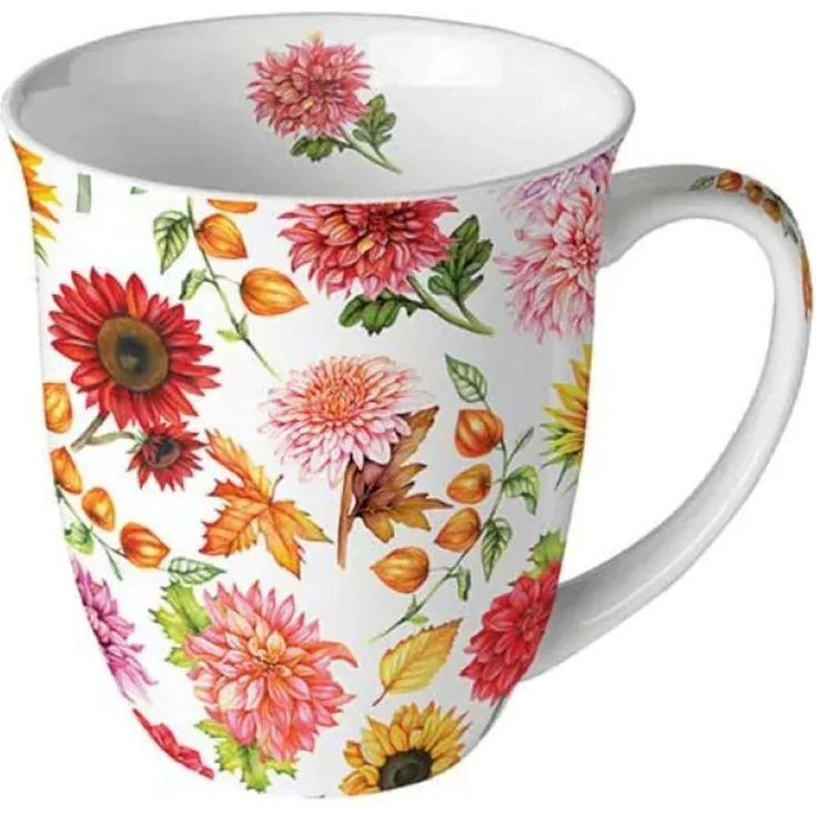 Ambiente Luxury Paper Products Becher Sommer Porzellan Tasse -Mug Tiere, Blumen, Frühling Herbst Winter, 1-tlg, Porzellan Tasse, Sonnenblumen, Blumen-Mix ca. 400ml, Herbst - Pflanzen Tee/Kaffee - Ideal Als Geschenk