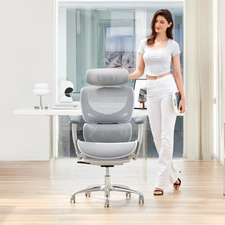 COLAMY Ergonomischer Bürostuhl mit Fußstütze, 3D-Armlehnen, Kopfstütze, Lendenwirbelstütze & Atmungsaktives Mesh – Schreibtischstuhl für Büro & Home Office, Grau – Bild 3