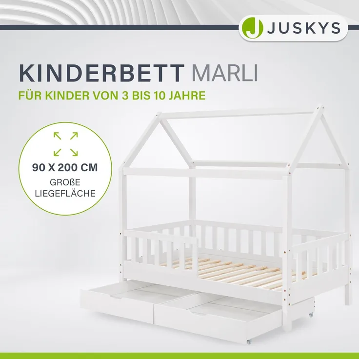 Juskys Kinderbett Marli 90 x 200 cm mit Bettkasten 2-teilig, Rausfallschutz, Lattenrost & Dach - Massivholz Hausbett für Kinder - Bett in Weiß