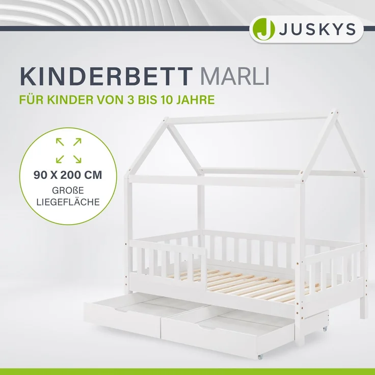 Juskys Kinderbett Marli 90 x 200 cm mit Bettkasten 2-teilig, Rausfallschutz, Lattenrost & Dach - Massivholz Hausbett für Kinder - Bett in Weiß – Bild 1