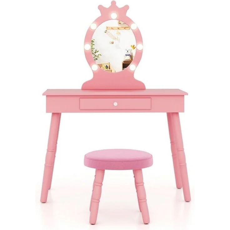COSTWAY Kinder Schminktisch mit Hocker, abnehmbarem Spiegel und LED-Beleuchtung, Holz weiß, 34 x 70 x 100 cm – Bild 4