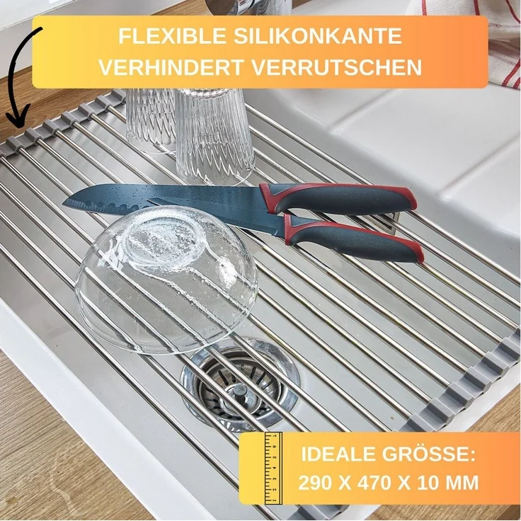 Thiru Abtropfmatte rollbar, aus rostfreiem Edelstahl - 29 cm x 47 cm, mit Silikonkante – Bild 3