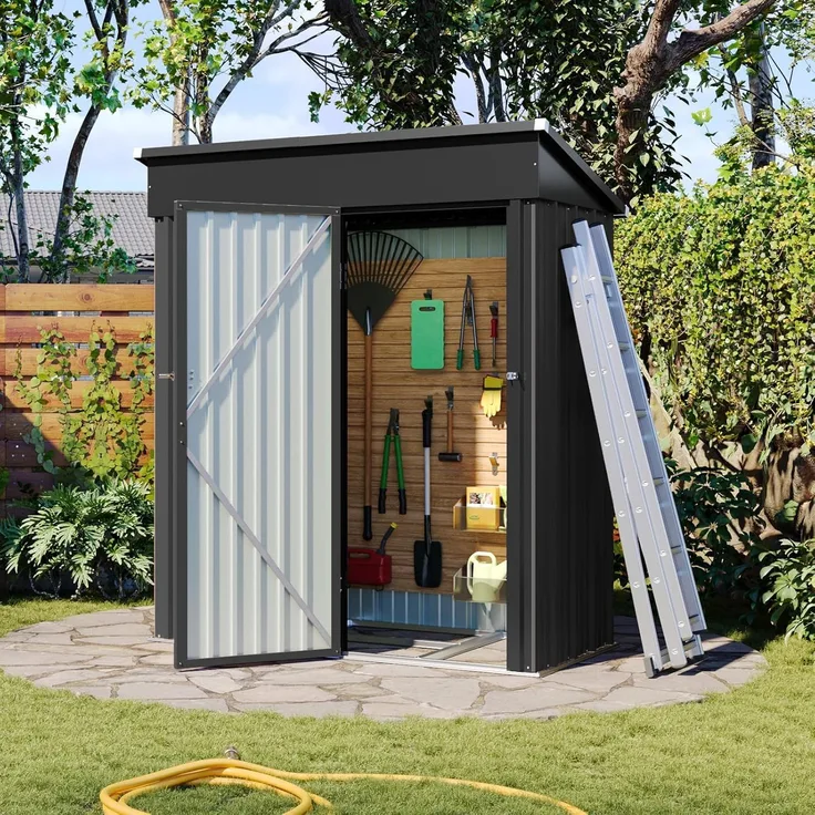 Aoxun Gerätehaus aus Metall, Maße 150x91x185cm, inklusive Bodenrahmen, Pultdach mit Belüftungslöchern, Tür mit Schloss, für Garten und Hof, Schwarz