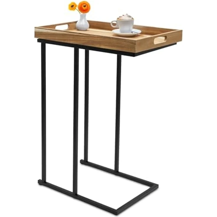 Spetebo Beistelltisch Metall Beistelltisch mit Holz Tablett - 60 x 45 cm (Anzahl, 1-St, Stück), platzsparend – Bild 1