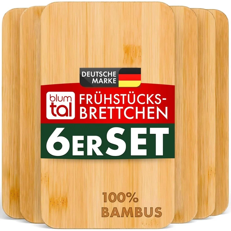 Blumtal Schneidebrett Frühstücksbrettchen 6er Set aus Bambus - 22x14x0,8 cm, Frühstücksbretter Holz, antibakterielles Holzbrettchen – Bild 1