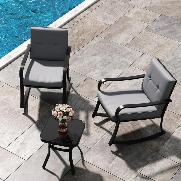 GarveeHome 3-teiliges Bistro-Set für den Außenbereich – 2 Schaukelstühle mit warmgrauen Kissen & Glastisch, Gartenmöbel-Set für Garten, Terrasse, Pool und Balkon (Grau) – Bild 7