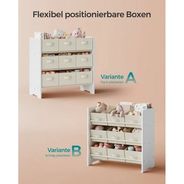 Songmics Kinderregal, Spielzeugregal, Bücherregal Kinder, mit 9 Aufbewahrungsboxen aus Vliesstoff, Kinderzimmer Regal, geräumig, 29,5 x 62,5 x 60 cm, wolkenweiß GKR033W10 – Bild 5