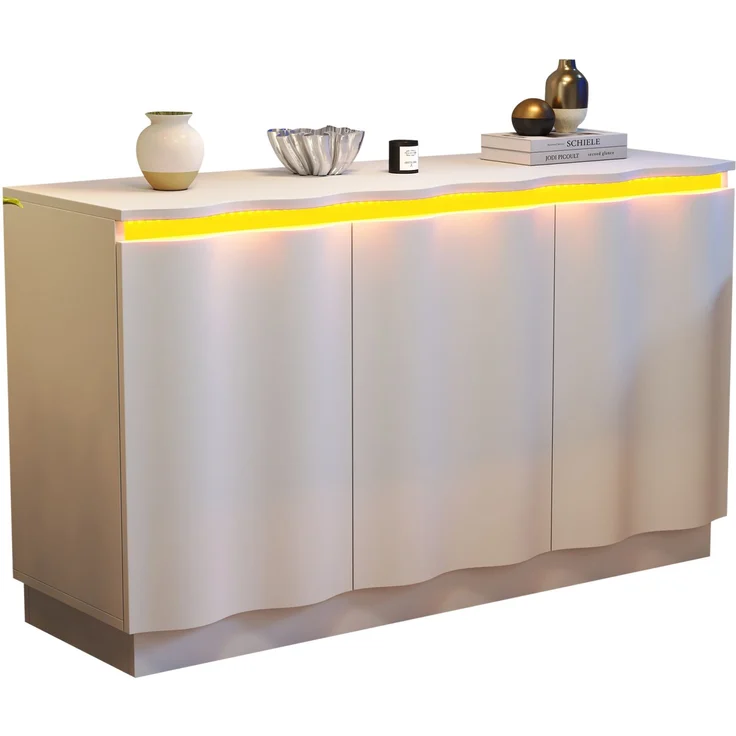 Sideboard 120 x 39,5 x 69,5 cm in Weiß mit 3 Türen, verstellbaren Einlegeböden und App-gesteuertem LED-Licht – Bild 6