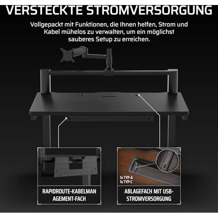 Corsair Platform:4 – Stehender Computer Home Office Gaming-Schreibtisch, USB-Anschluss, Monitorarm Inbegriffen – Schwarz – Bild 5