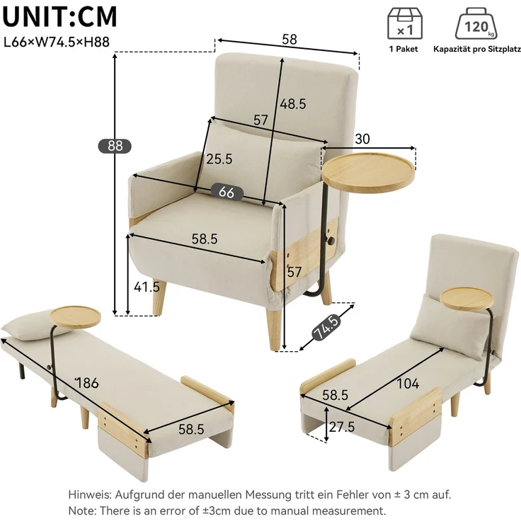 Sessel Leinen 3-in-1 mit drehbarem Tablett,88 x 66 x 74.5 cm,Relaxsessel mit 6-stufiger Rückenlehne & Massivholz – Bild 10