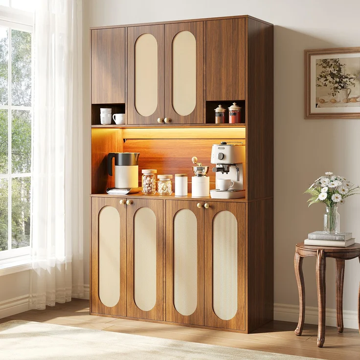 ZUBALIYA Sideboard (106 x 40 x 178 cm), LED - Beleuchtung, Gedämpftes Schließen, Fronten in Flechtoptik, Naturfarben – Bild 5
