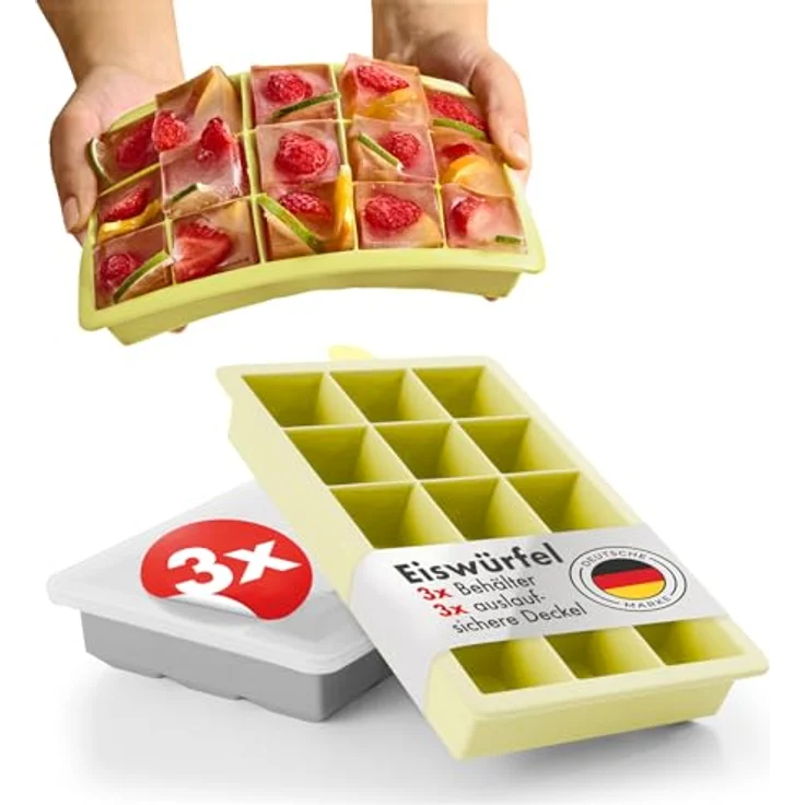 Blumtal Eiswürfelformen Silikon 3er Set - 15er Eiswürfelform mit Deckel - BPA-freie Silikon Eiswürfelform - Ice Cube Tray lebensmittelecht - Ice Tray - Grau + Grau + Gelb – Bild 1