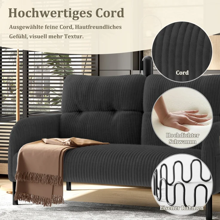 LVHOM 2-Sitzer Sofa mit Metallsockel, Doppelsofa Cordstoff mit Seitentaschen, Polstersofa Stoffsofa Sitzmöbel Loungesofa, 120x79x75cm – Bild 3