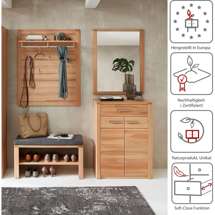 Stella Trading Nature ONE Flurgarderoben Set in Kernbuche Teil-massiv FSC-Zertifiziert - Modernes Garderobenset 5-teilig für Ihren Eingangsbereich - 268 x 201 x 40 cm (B/H/T) – Bild 4