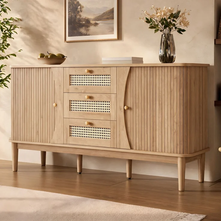ZUBALIYA Kommode 141x40x77 cm, mit verstellbaren Einlegeböden, aus MDF, Natur – Bild 16